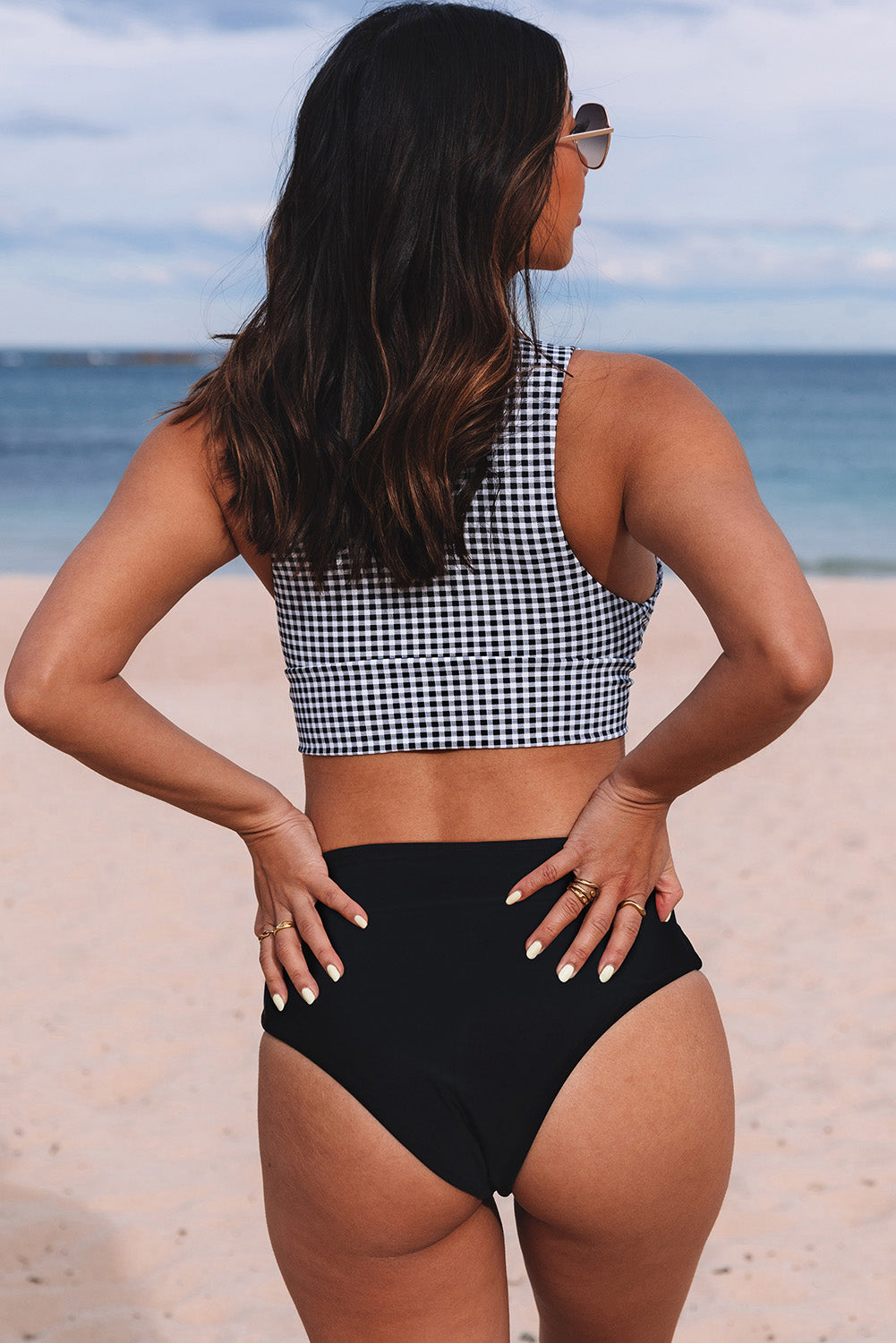 Cali Chic Women's Swimsuit Celebrity Black Plaid Gingham Tie Front High Waist Bikini Set