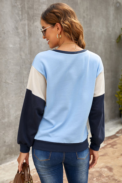 Cali Chic Women's Sweatshirt Celebrity Sky Blue Color Block Pullover Sweatshirt