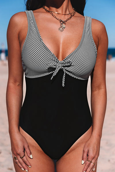 Cali Chic Women's Swimsuit One Piece Celebrity Black Striped Patchwork Open Back Sleeveless V Neck