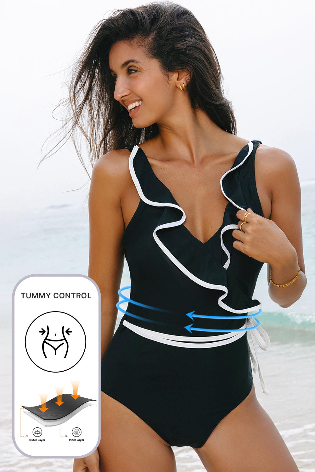 Cali Chic Women Swimsuit Black Color Contrast Ruffled Wrap V Neck Swimsuit - Cali Chic