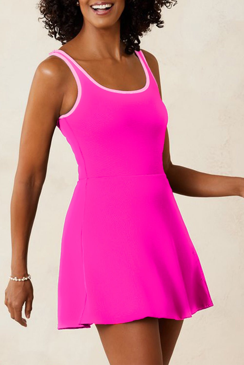 Cali Chic Women Swimsuit Rose Red Contrast Trim Neckline Active Shorts Attached One Piece Swim Dress - Cali Chic