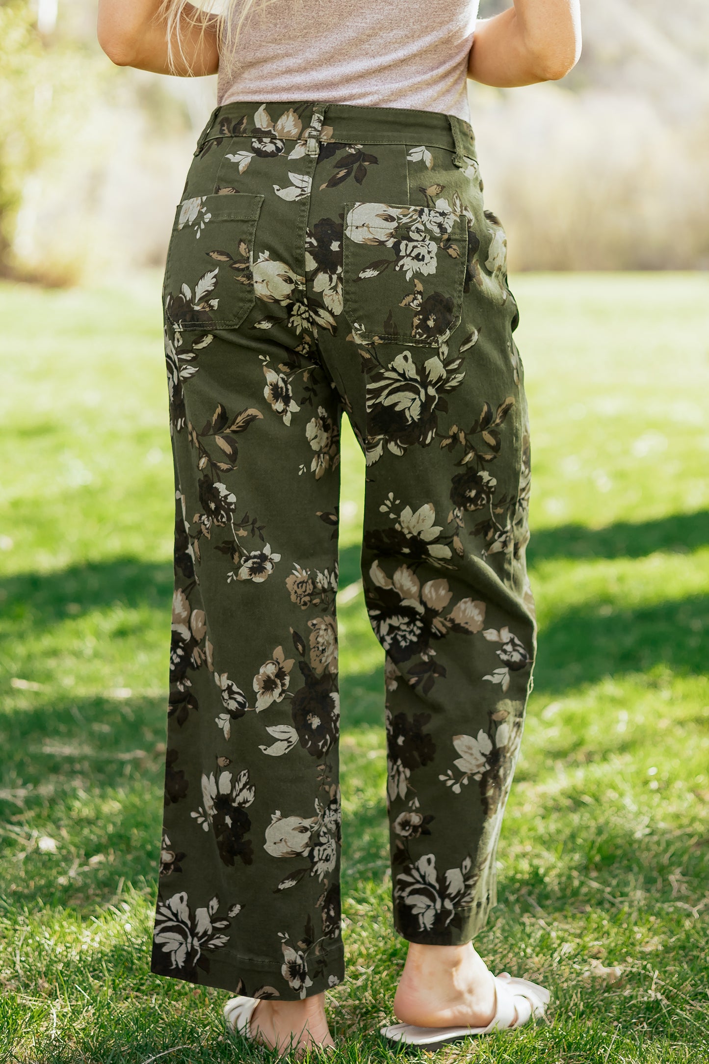 Cali Chic women's green vintage floral print jeans with patch pockets and raw hem, casual shift style bottoms.