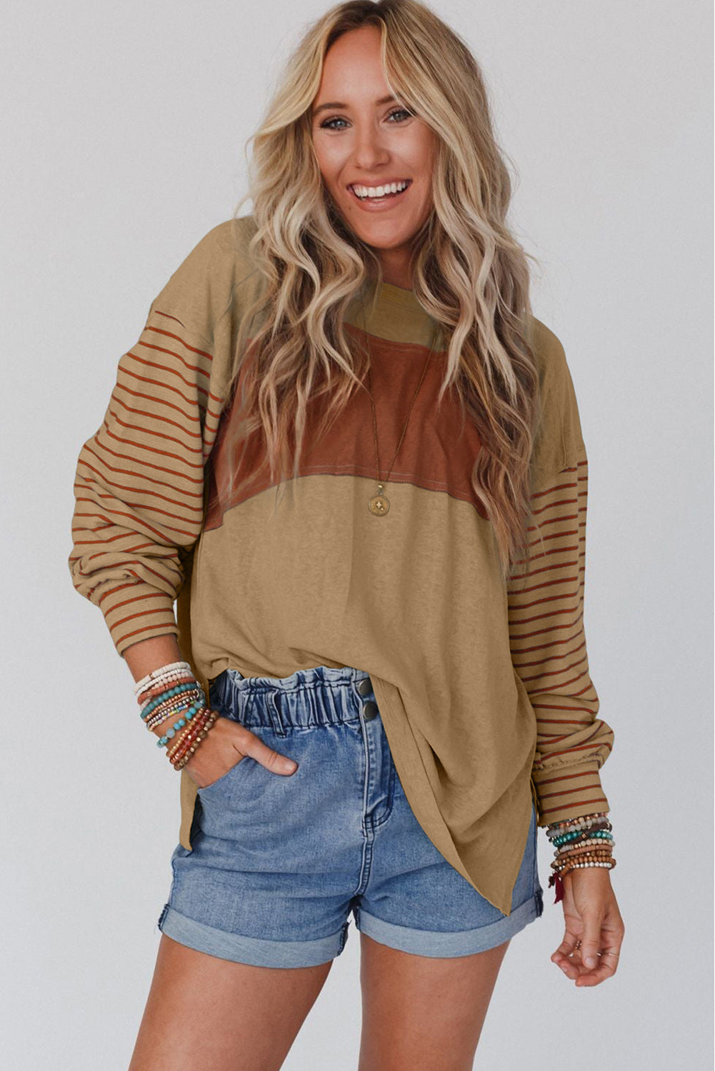 Cali Chic Flaxen Color Block Striped Bishop Sleeve Top