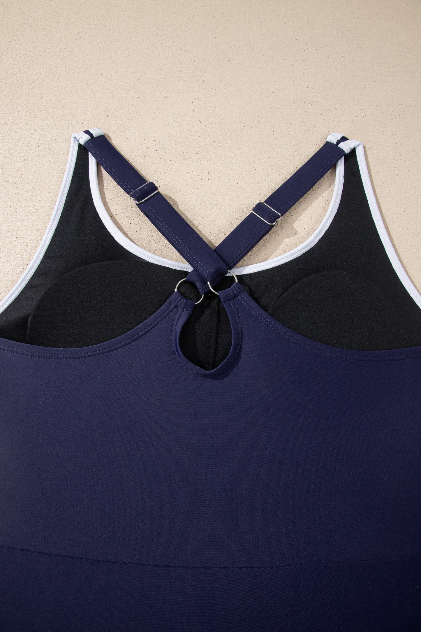 Cali Chic Women Swimsuit Navy Blue Contrast Edge Ruffled High Waist One Piece Swim Dress - Cali Chic