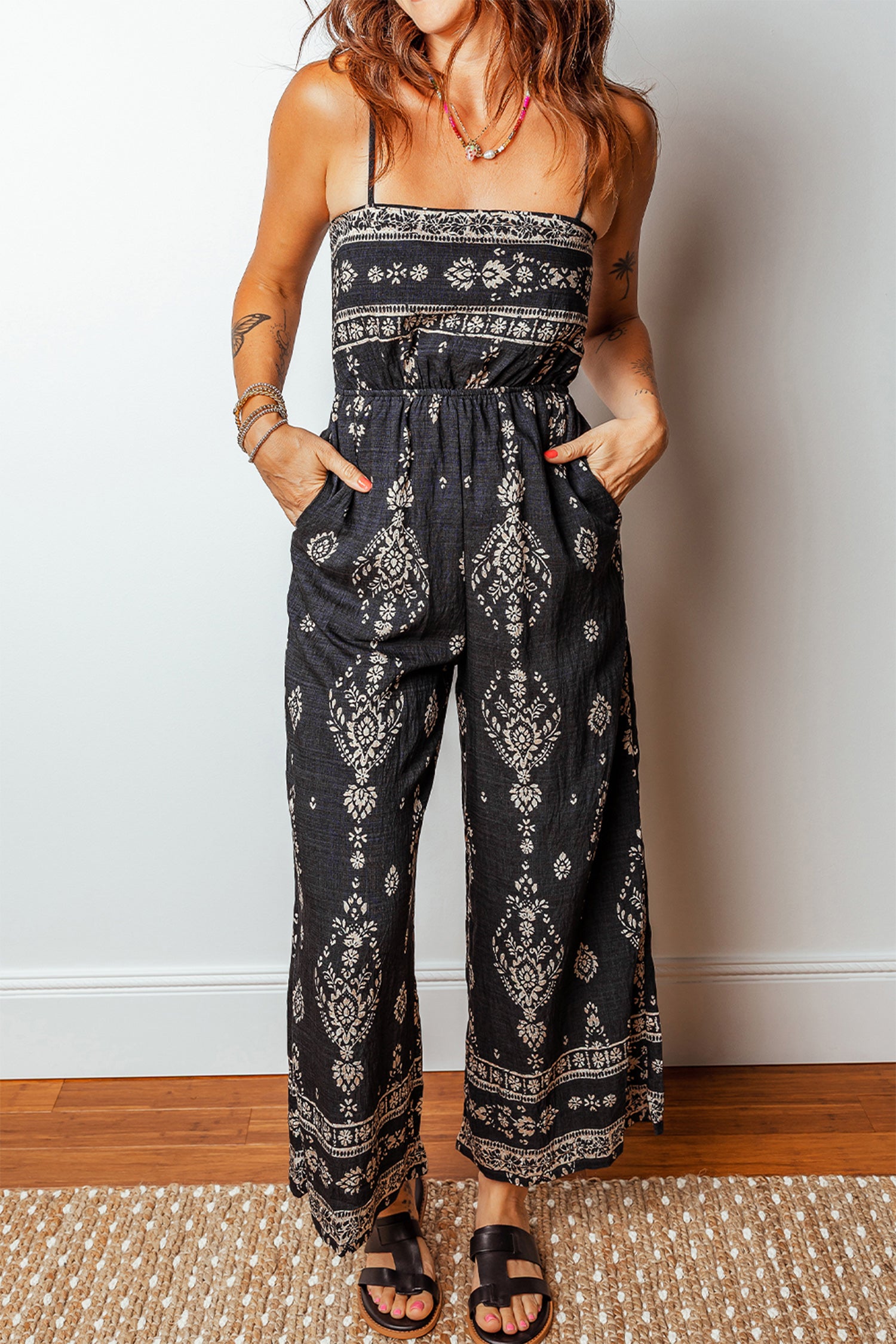 Cali Chic Women Jumpsuit Black Spaghetti Straps Elastic Waist Loose Ethnic Print Jumpsuit - Cali Chic