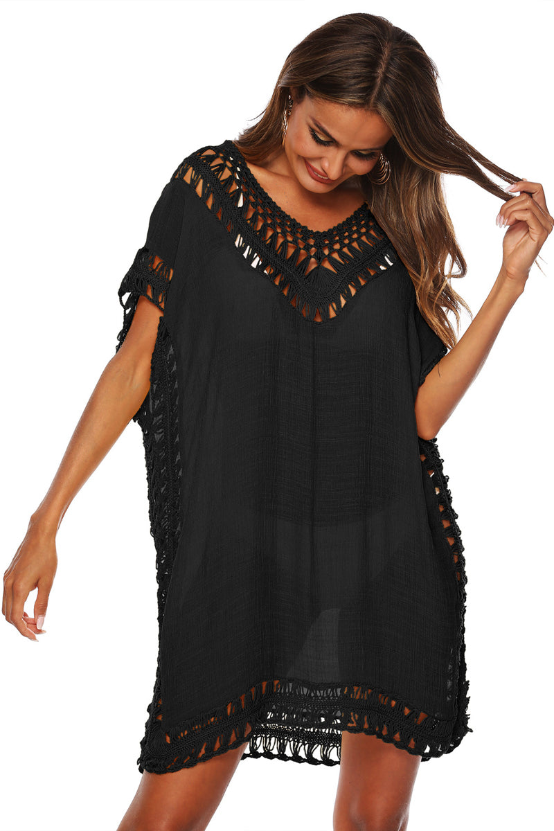 Cali Chic Women Swimsuit Cover up Celebrity Hollow Crochet Splice Solid (Black, one size (fits S-L)