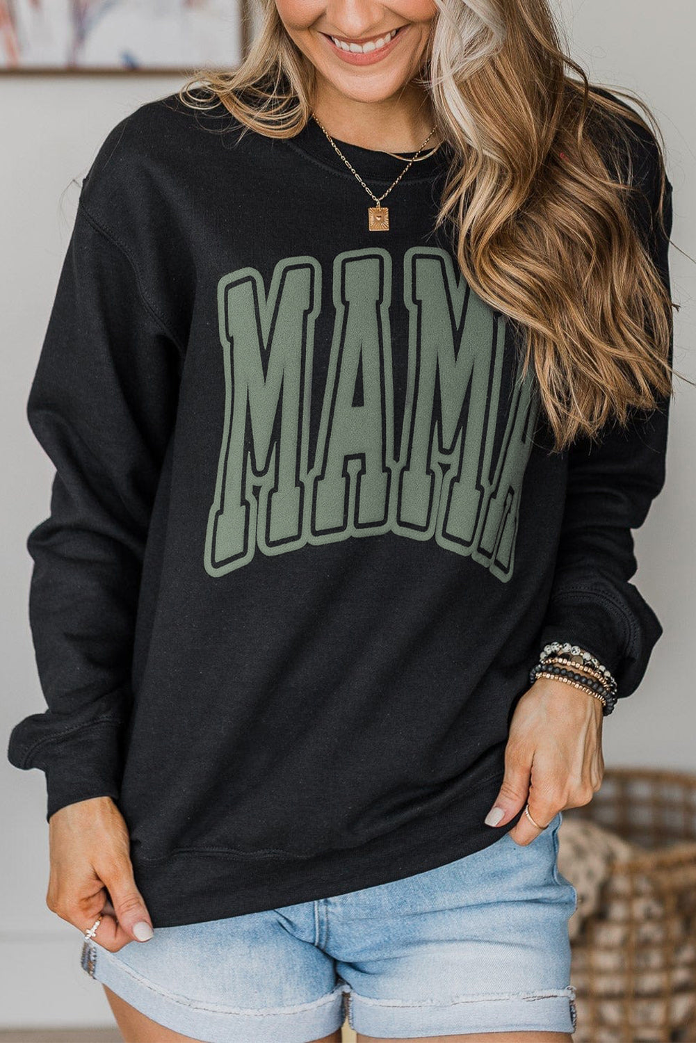 Cali Chic Mama Varsity Crew Neck Sweatshirt