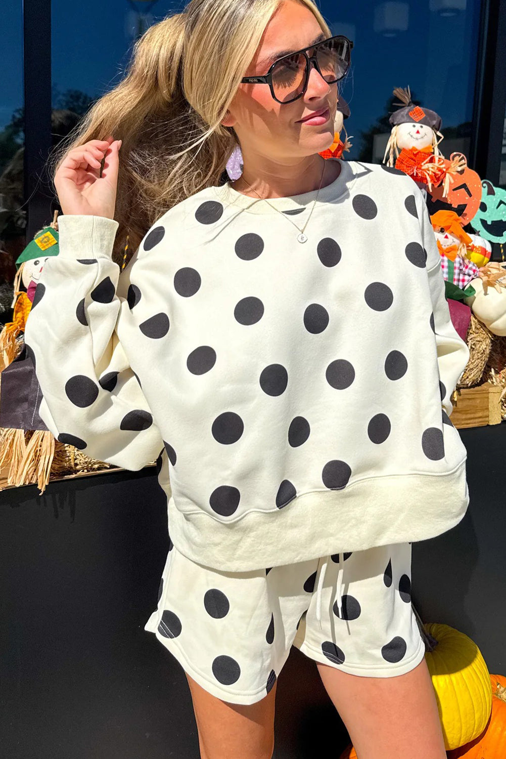 Cali Chic Women Beige Polka Dot Print Drop Shoulder Pullover Drawstring Shorts Set - Cali Chic