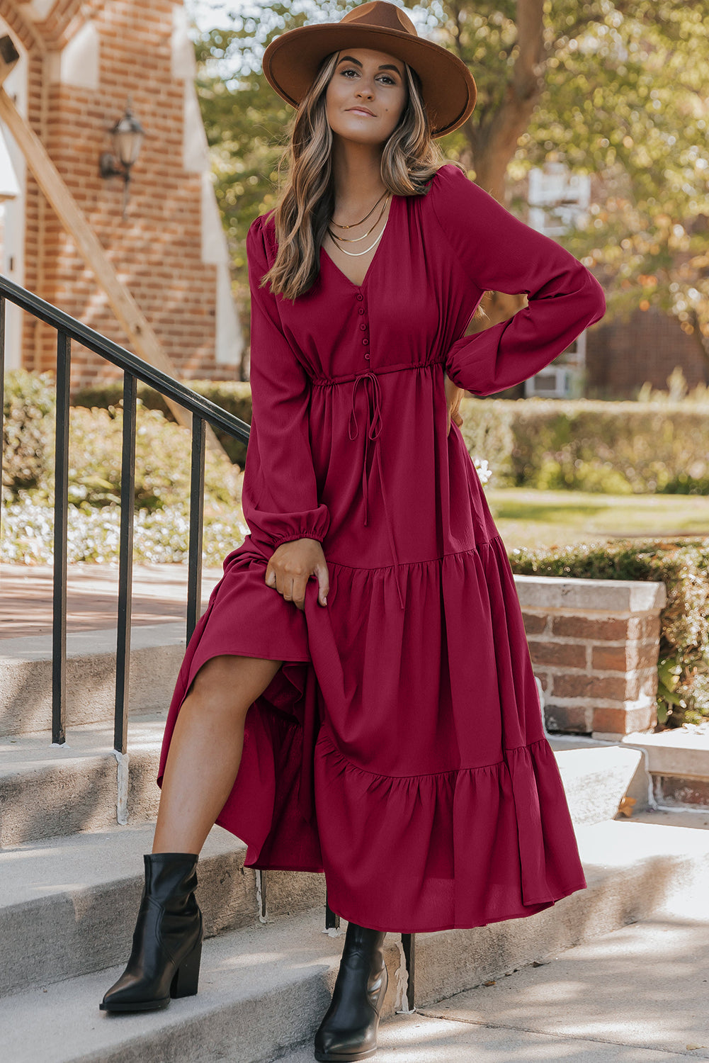 Cali Chic Women Dress Burgundy Solid Long Sleeve Button V Neck Tiered Maxi Dress - Cali Chic