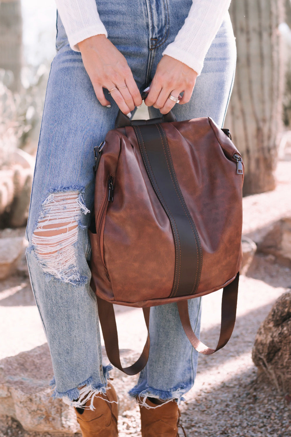 Cali Chic Brown Multifunctional Retro Faux Leather Backpack
