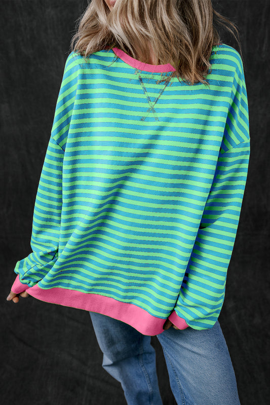 Cali Chic Women's Sweatshirt Sky Blue Stripe Oversized Contrast Trim Pullover
