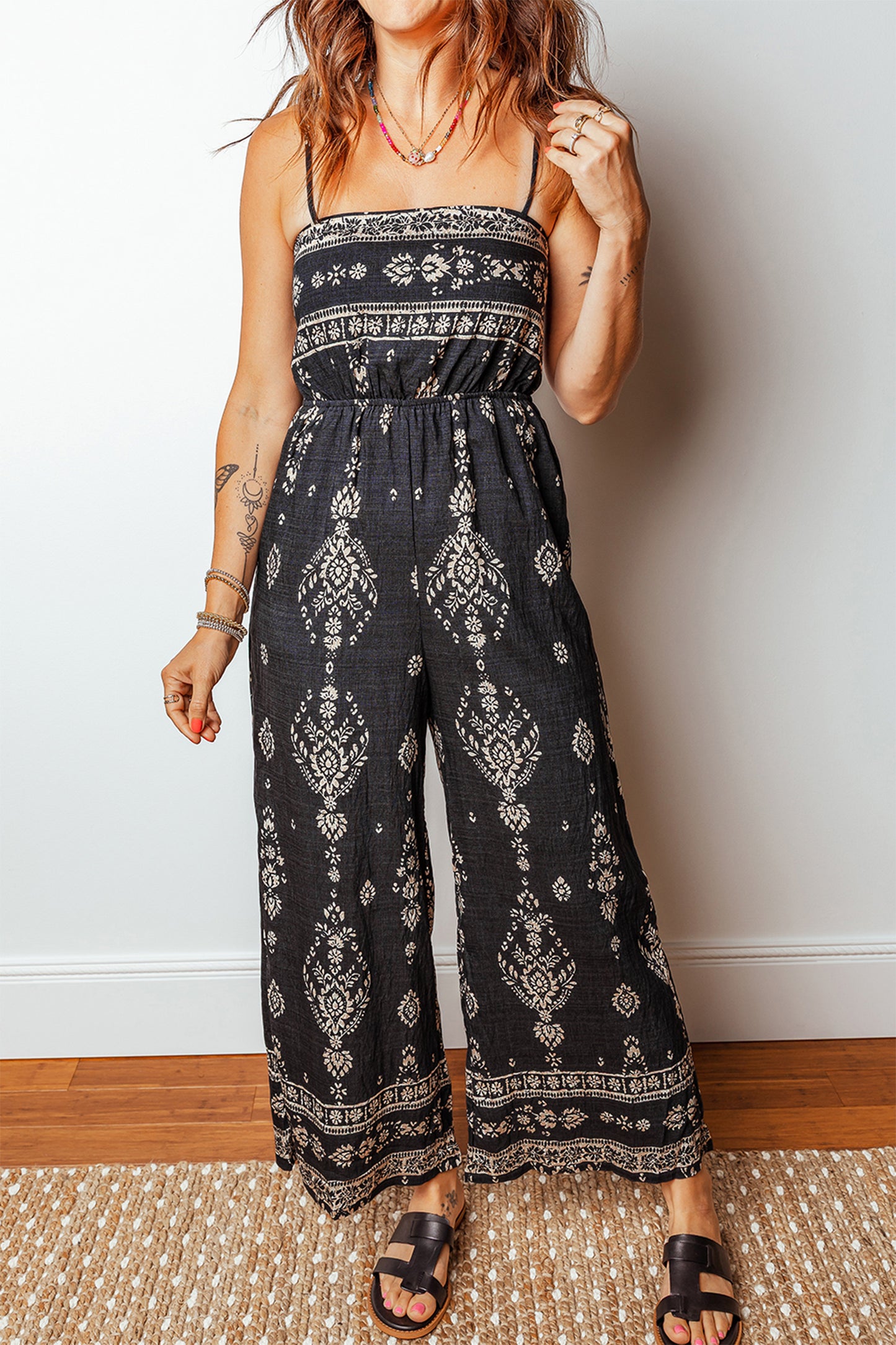 Cali Chic Women Jumpsuit Black Spaghetti Straps Elastic Waist Loose Ethnic Print Jumpsuit - Cali Chic