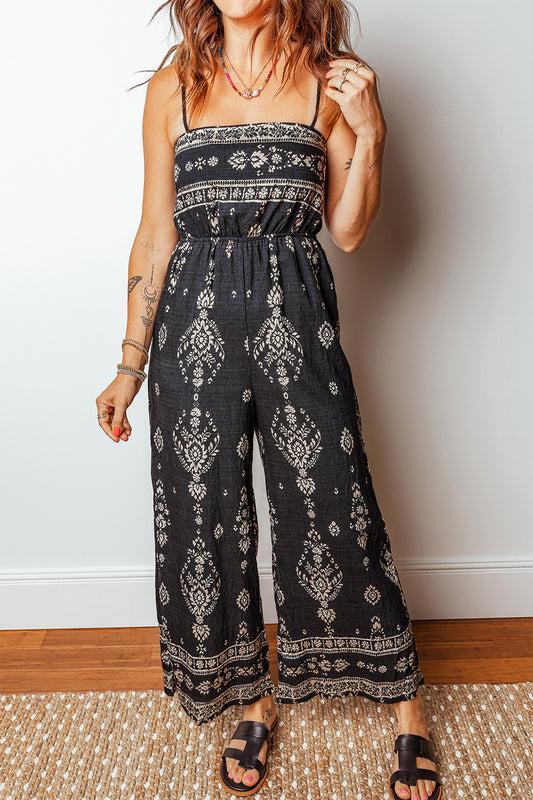 Cali Chic Women Jumpsuit Black Spaghetti Straps Elastic Waist Loose Ethnic Print Jumpsuit - Cali Chic