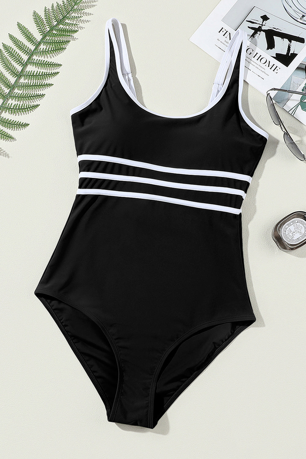 Cali Chic Women Swimsuit Black Contrast Trim Colorblock U Neck One Piece Swimwear - Cali Chic