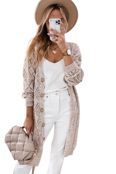 Cali Chic Khaki Hollow-out Openwork Knit Cardigan