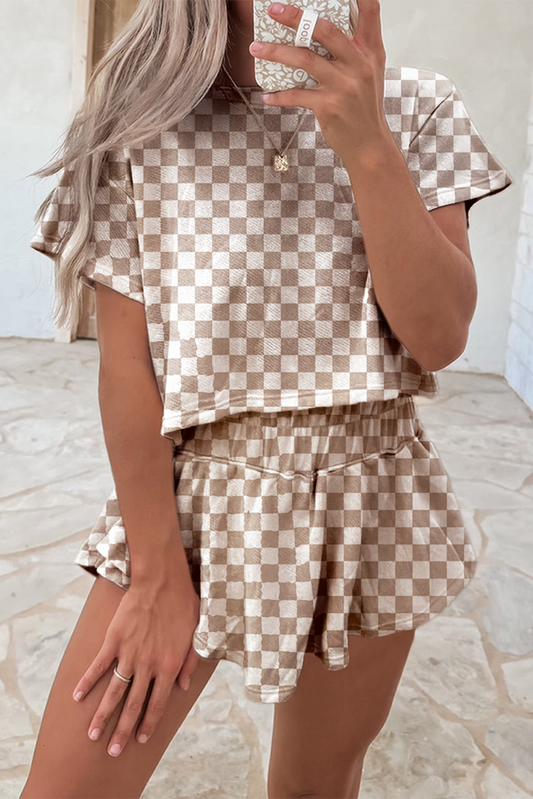 Cali Chic Brown Checkerboard T Shirt and High Waist Skorts 2 Piece Outfit