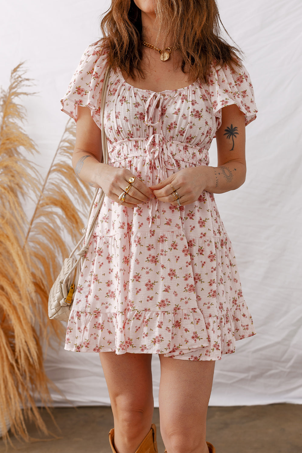 Cali Chic Women Dress Pink Front Tie Shirred Waist Short Sleeve Ruffled Floral Mini Dress - Cali Chic