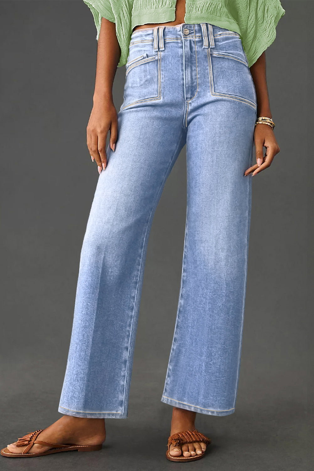 Cali Chic Women Pants Beau Blue Loose Straight Leg Cropped High Waist Jeans - Cali Chic