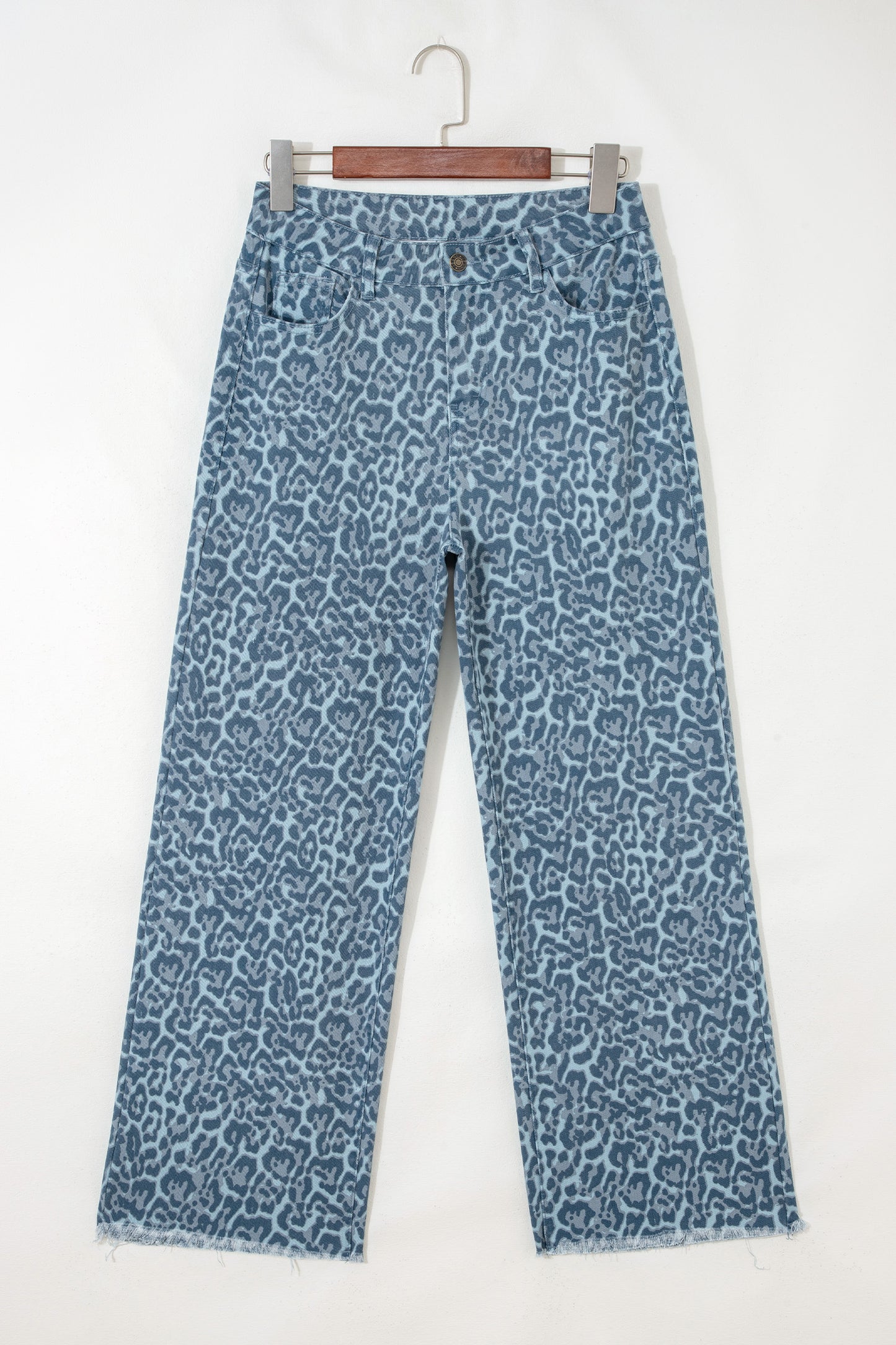 Cali Chic Women Pant Sky Blue Leopard Frayed Edge Wide Leg High Waist Jeans - Cali Chic
