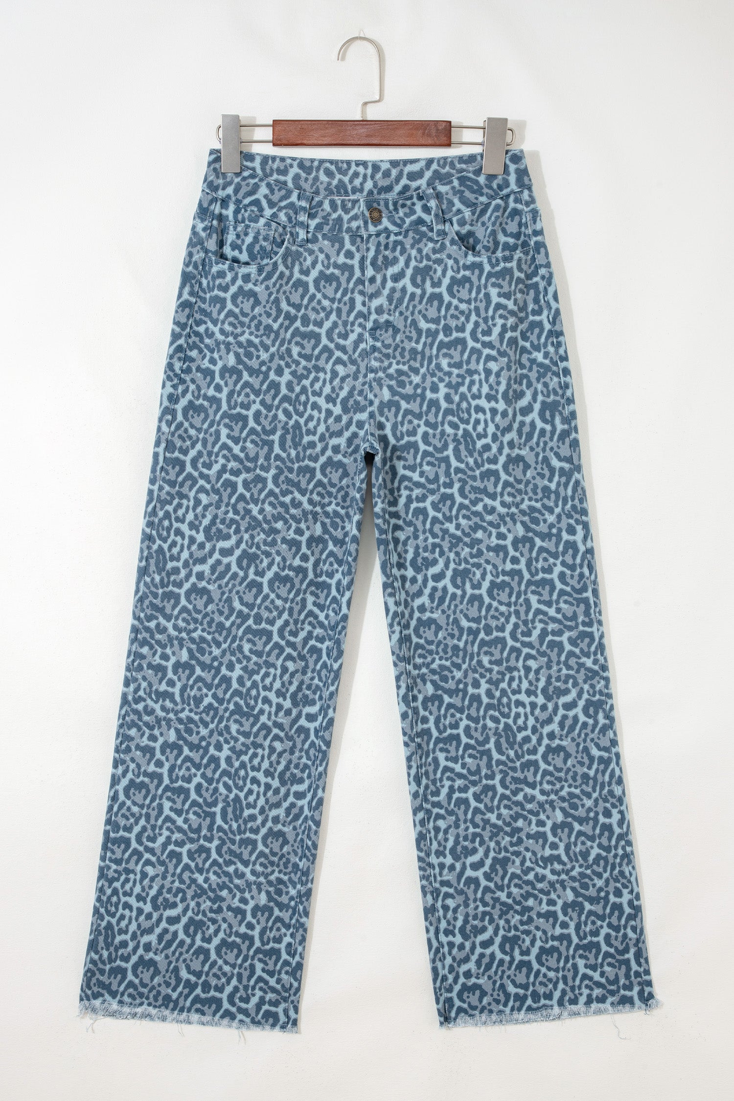 Cali Chic Women Pant Sky Blue Leopard Frayed Edge Wide Leg High Waist Jeans - Cali Chic