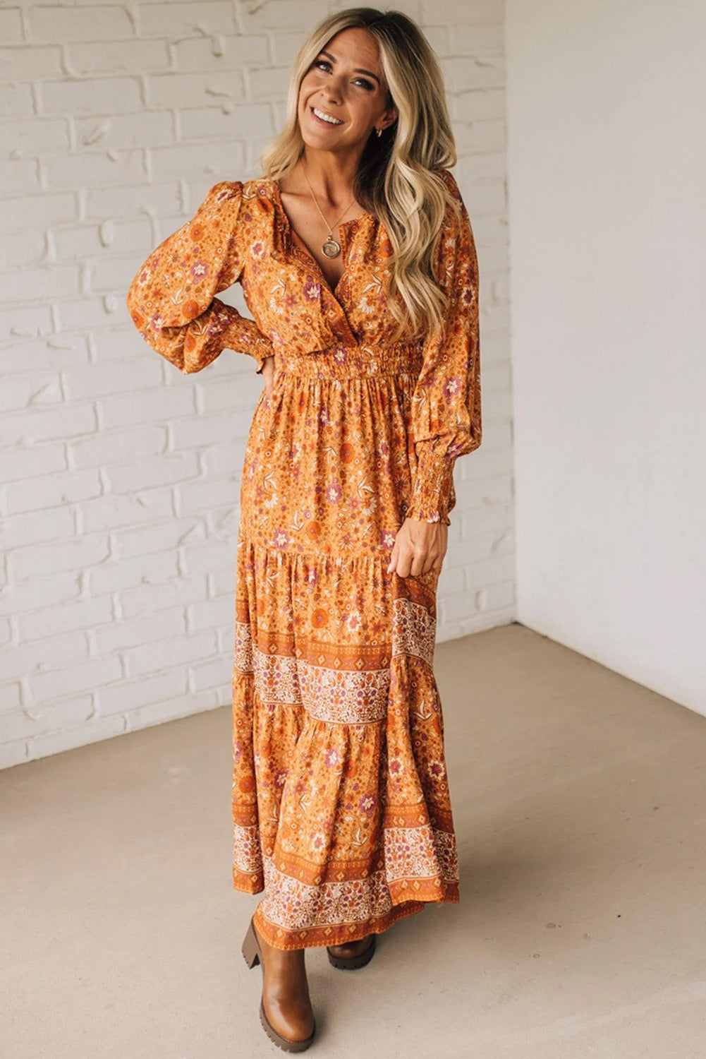 Cali Chic Women Dress Orange Floral Print Smocked Waist Long Sleeve Boho Maxi Dress - Cali Chic