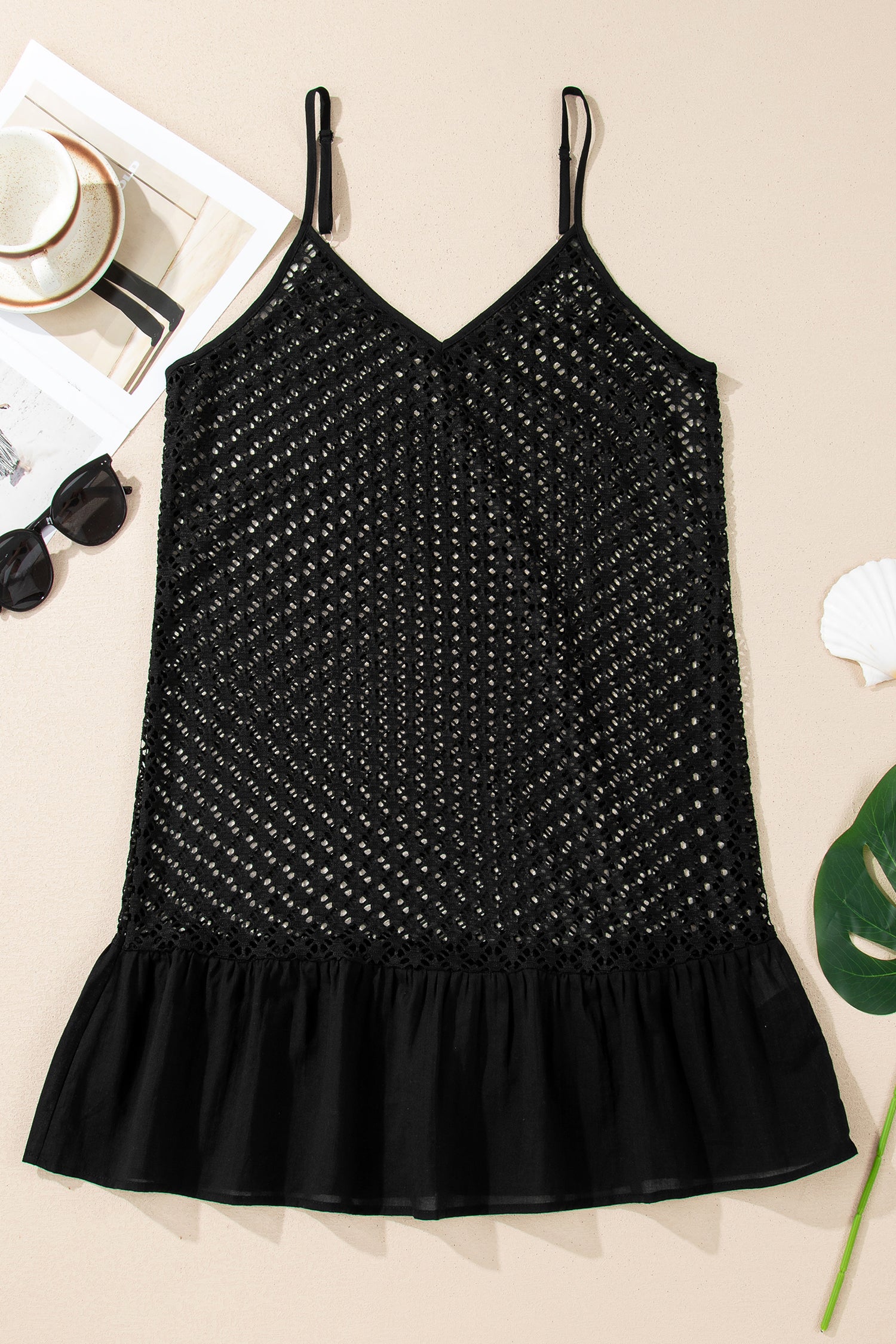 Cali Chic Women Swimsuit Black See Through Patterned Knit Ruffle Hem Patchwork Beach Cover Up - Cali Chic