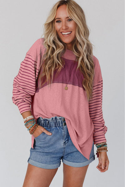 Cali Chic Women's Tops Celebrity Peach Blossom Color Block Striped Bishop Sleeve