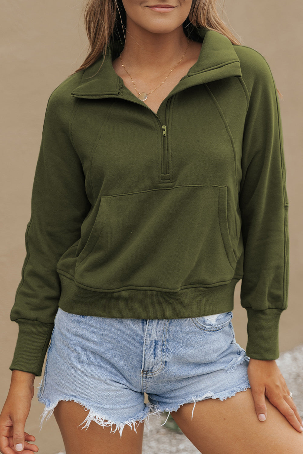 Cali Chic Green Zip Up Stand Collar Ribbed Thumbhole Sleeve Sweatshirt