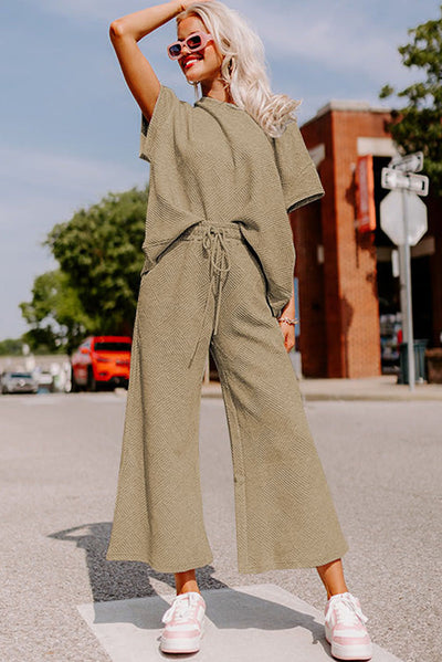 Cali Chic Apricot khaki Textured Loose Fit T Shirt and Drawstring Pants Set