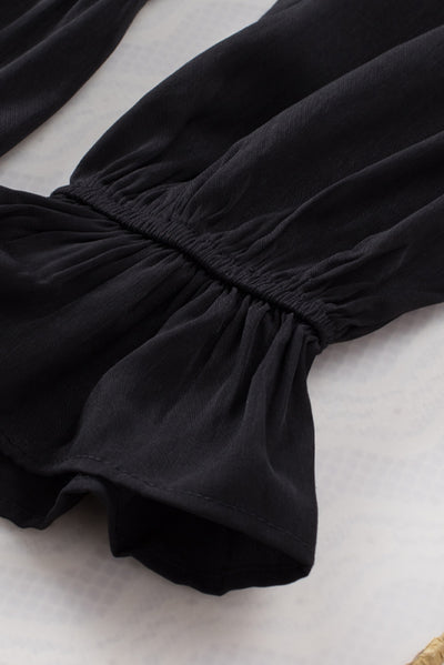 Black Boho Solid Shirred Ruffle Mini Dress