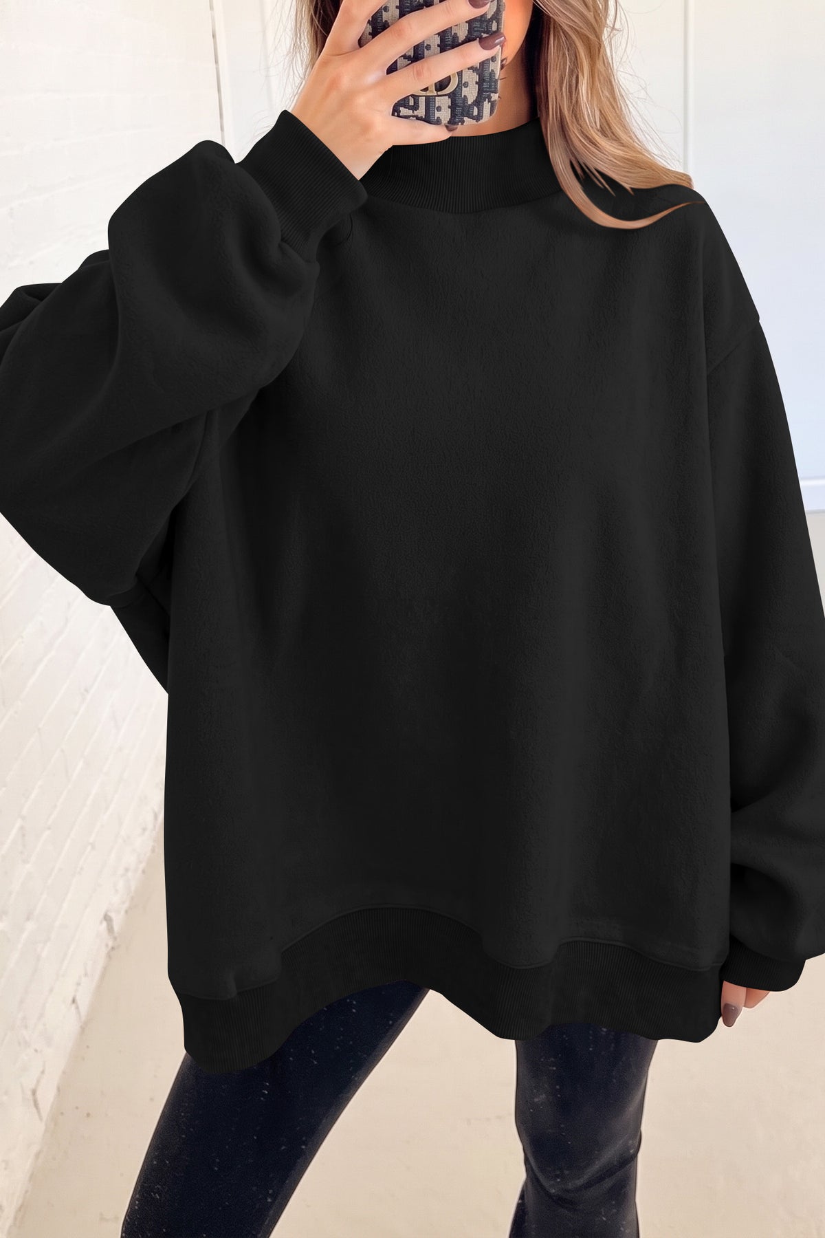 Cali Chic Women's Sweatshirt Oversized Drop Shoulder Reversible Mock Neck Sweatshirt