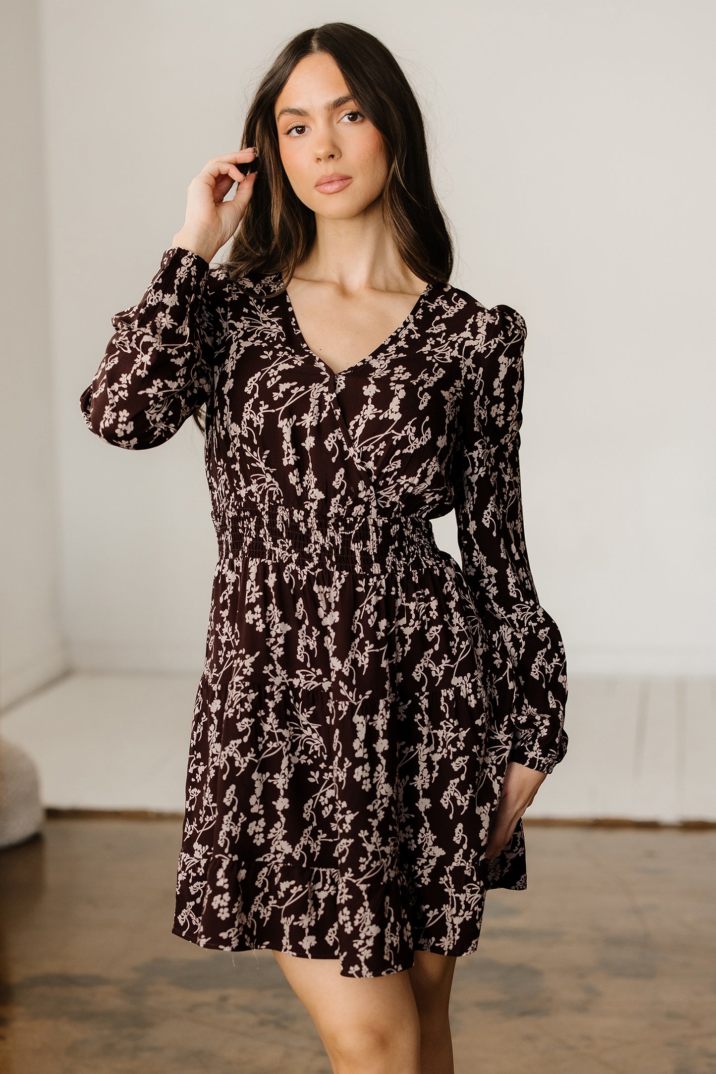 Cali Chic Women Dress Brown Ditsy Floral Print Split Neck Long Sleeve Shirred Waist Flared Mini Dress - Cali Chic