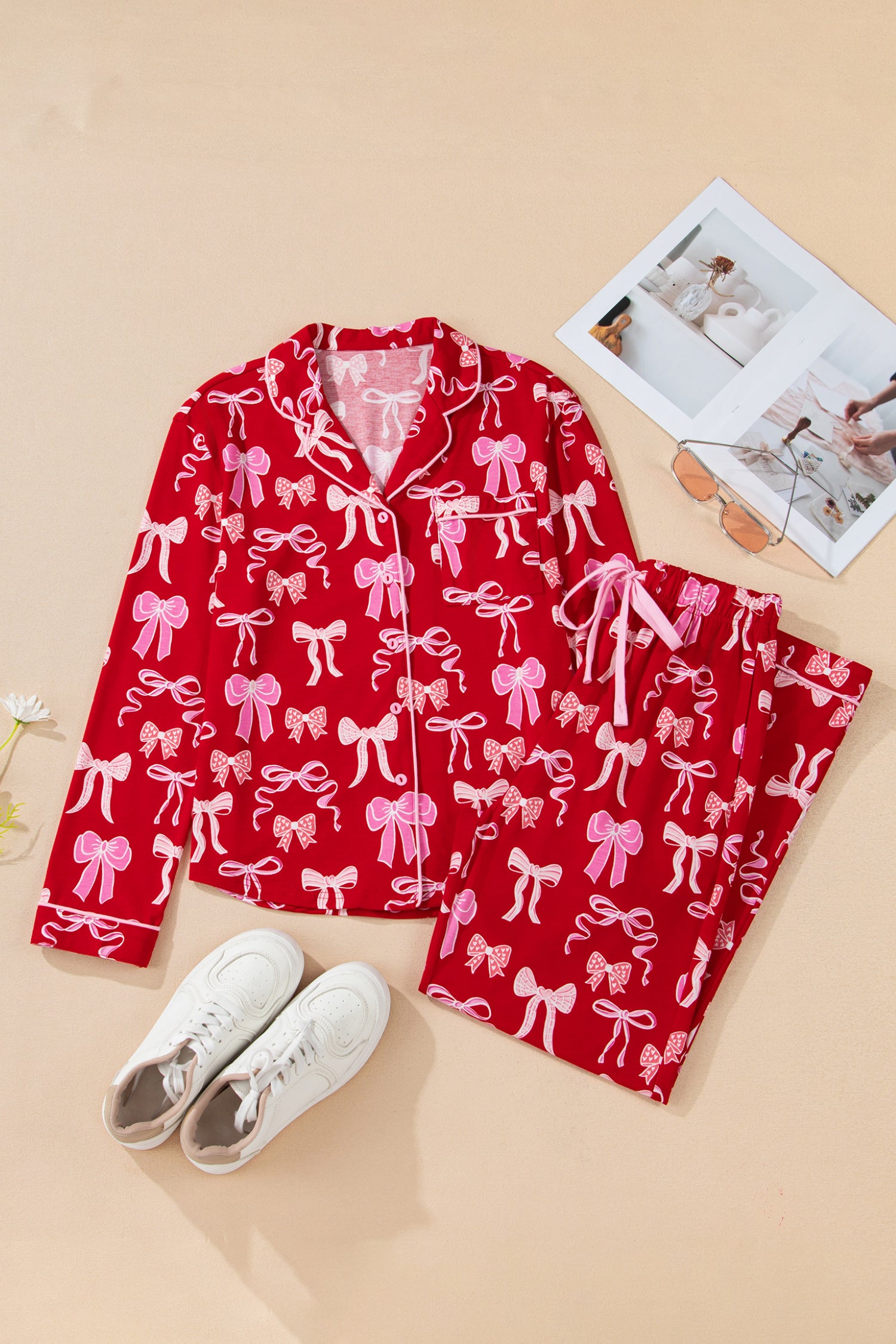 Red Sweet Bow Print Shirt Style Top Long 2pcs Pajama Set - Cali Chic