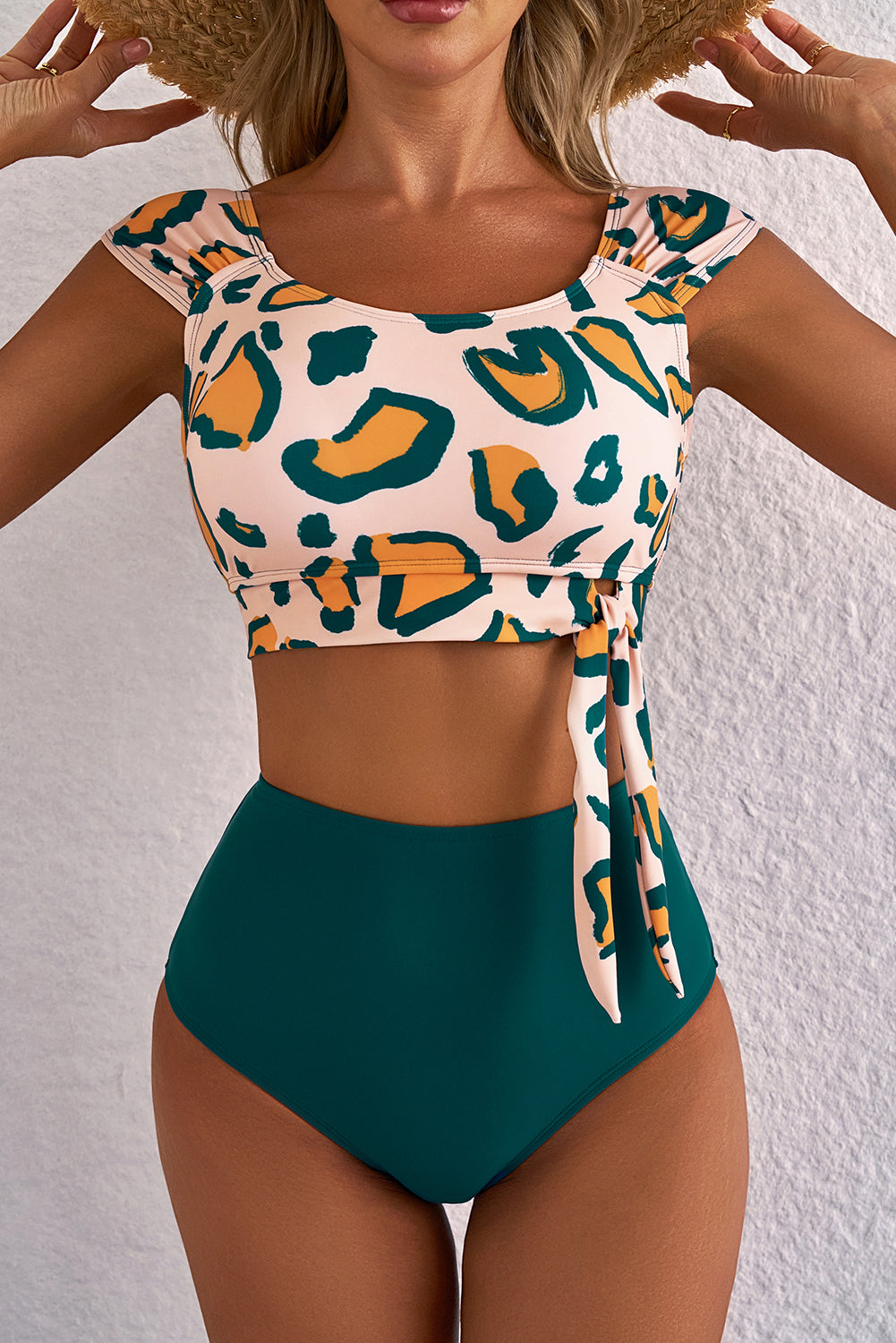 Cali Chic Women Swimsuit Green Leopard Print U Neck Knotted High Waist Bikini Set - Cali Chic