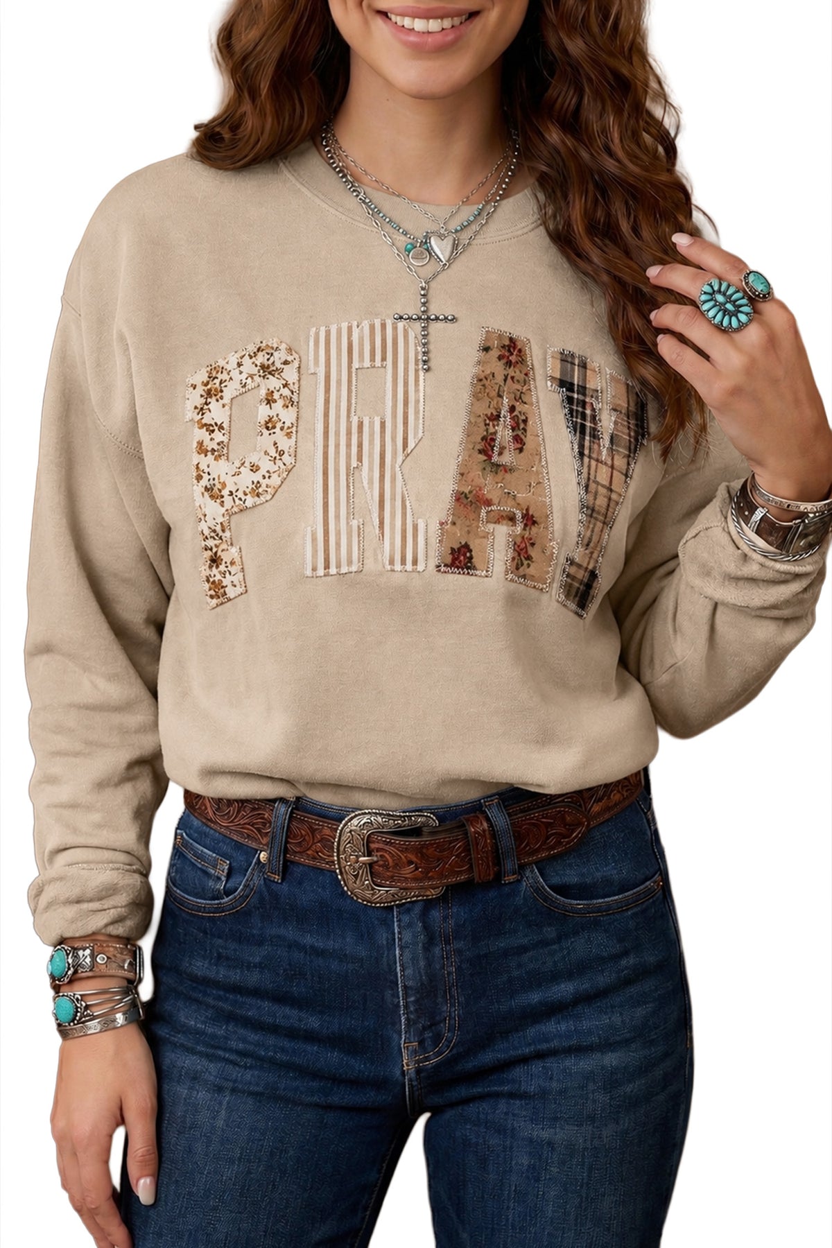 Cali Chic Women Sweatshirt Coffee Floral Buffalo Plaid Striped Embroidered Patch Western Pullover