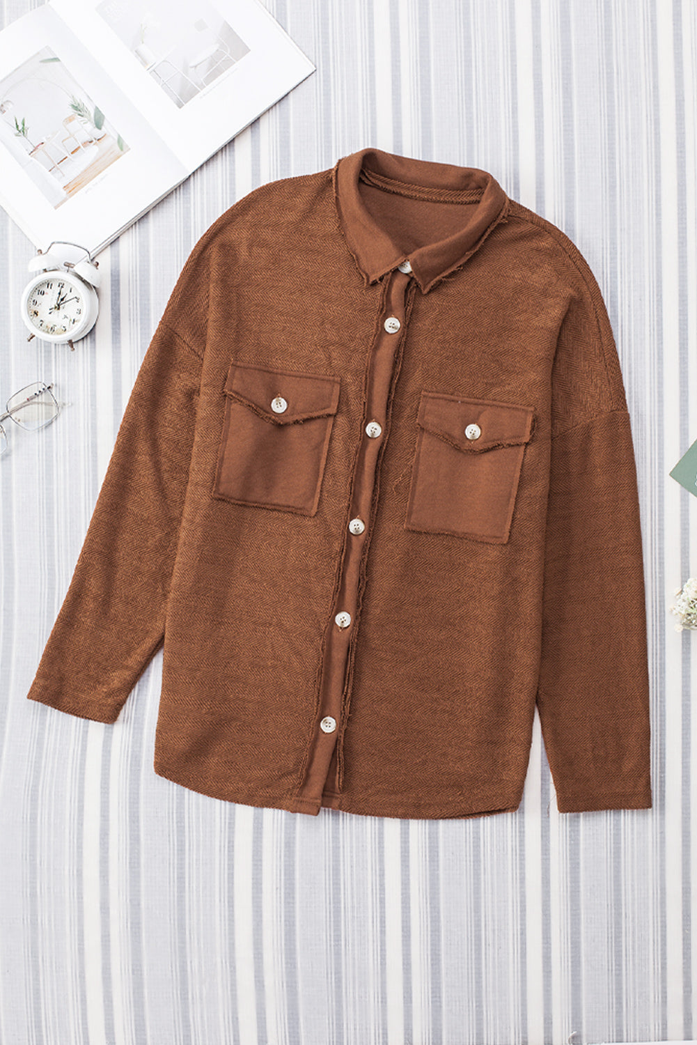 Cali Chic Brown Contrast Flap Pockets Relaxed Shacket