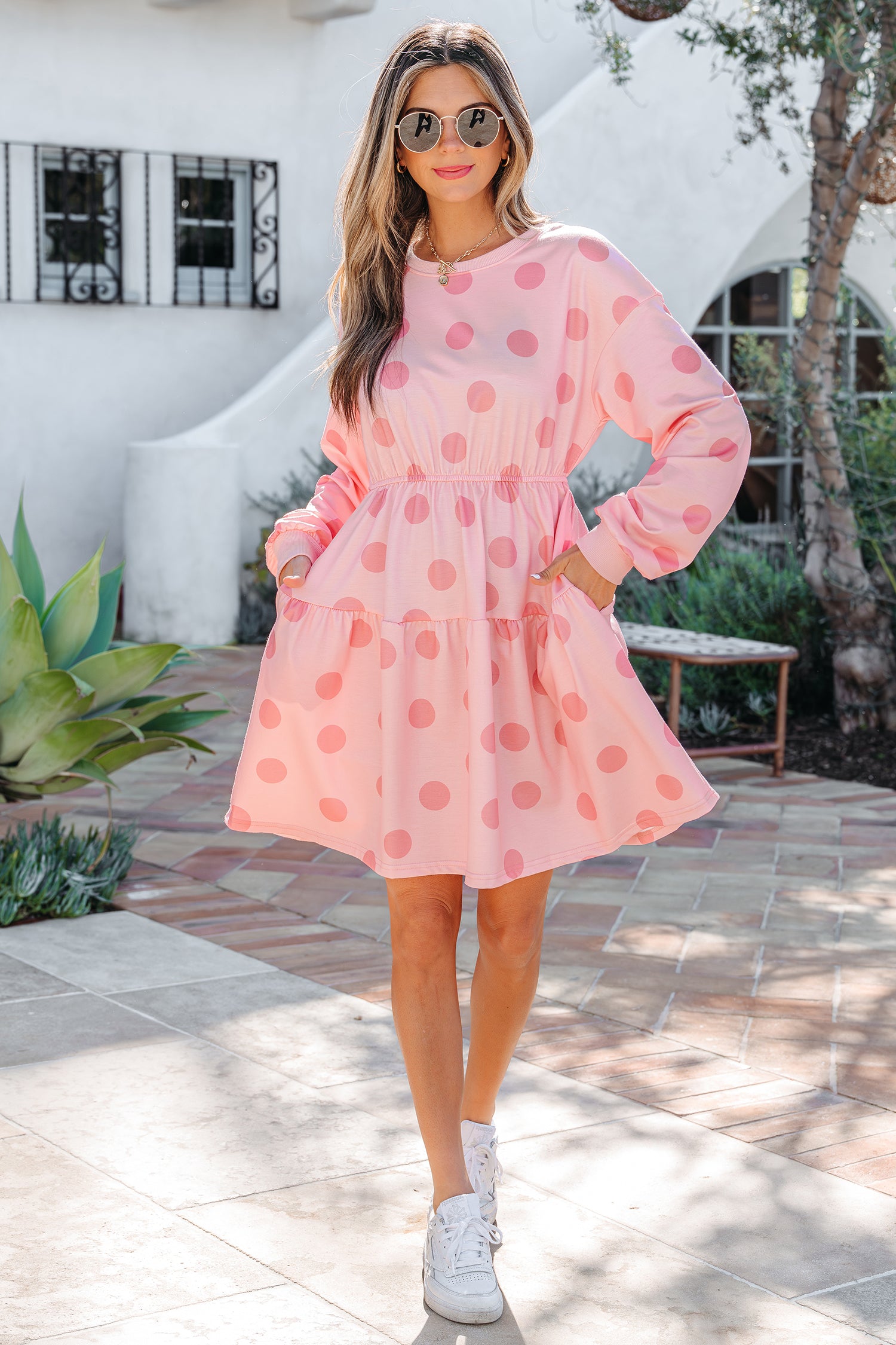 Pink polka dot printed long sleeve mini dress for women by Dear-Lover, featuring a flared design and chic style.