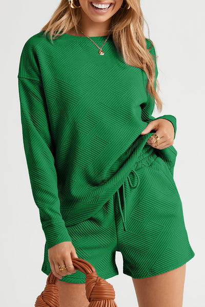 Green Textured Long Sleeve Top and Drawstring Shorts Set