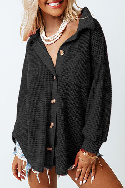 Cali Chic Black Waffle Knit Button Up Casual Shirt