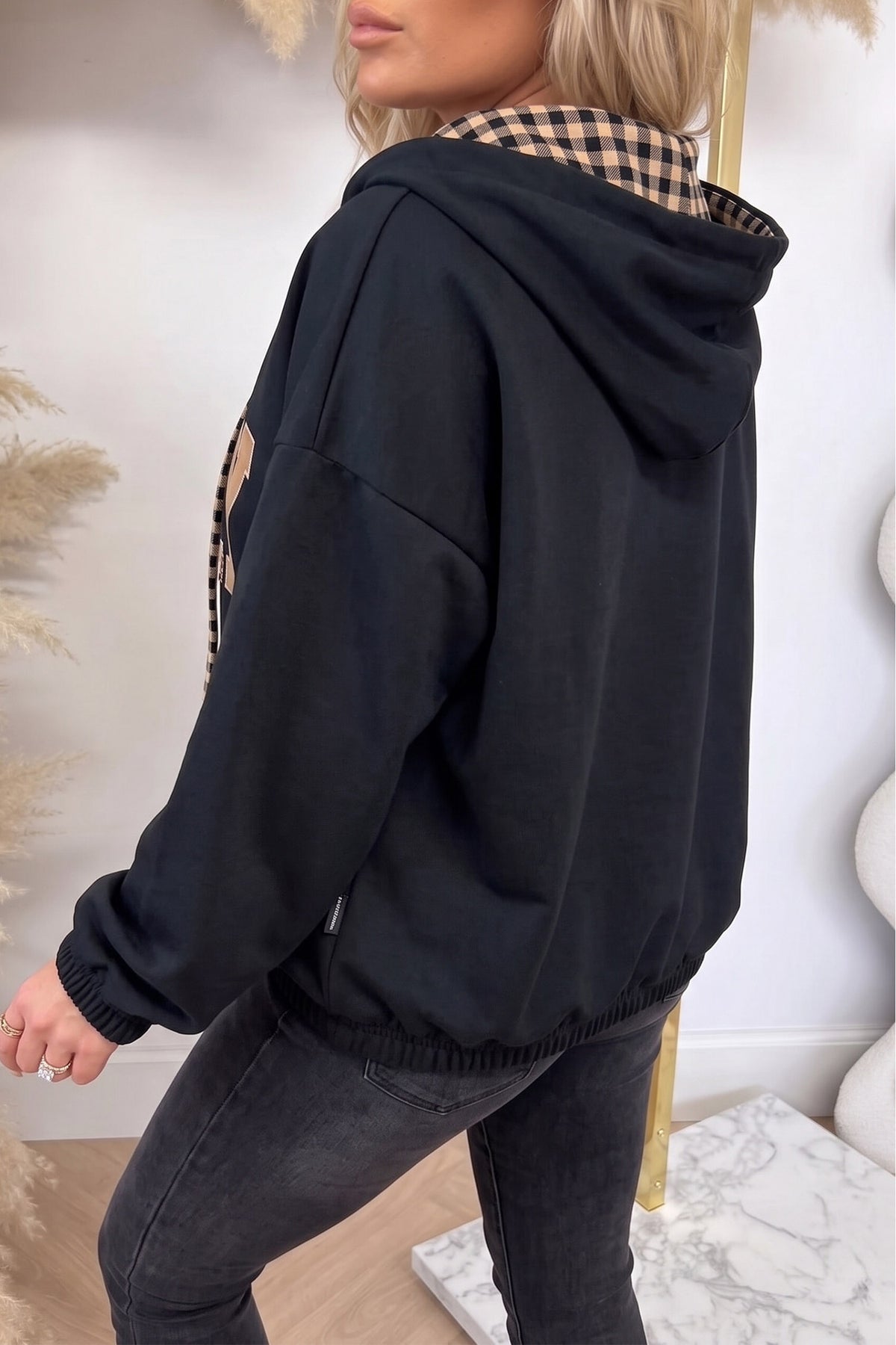 Cali Chic Women's Sweatshirt PRAY Mix Pattern Letter Graphic Plaid Contrast Drawstring Hoodie