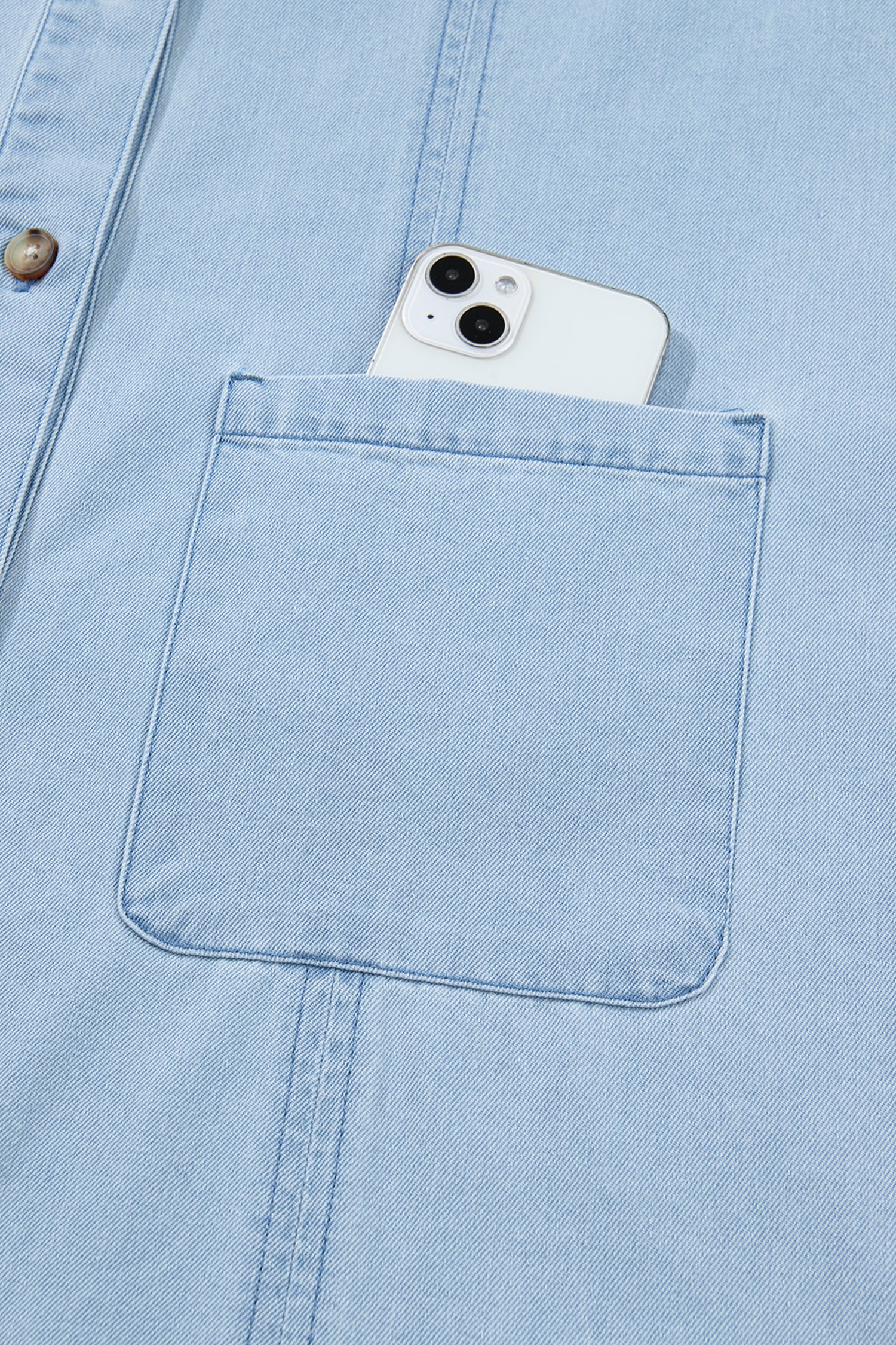 Cali Chic Women Dress Beau Blue Ruffled Edge Collared Shift Denim Dress with Pockets - Cali Chic