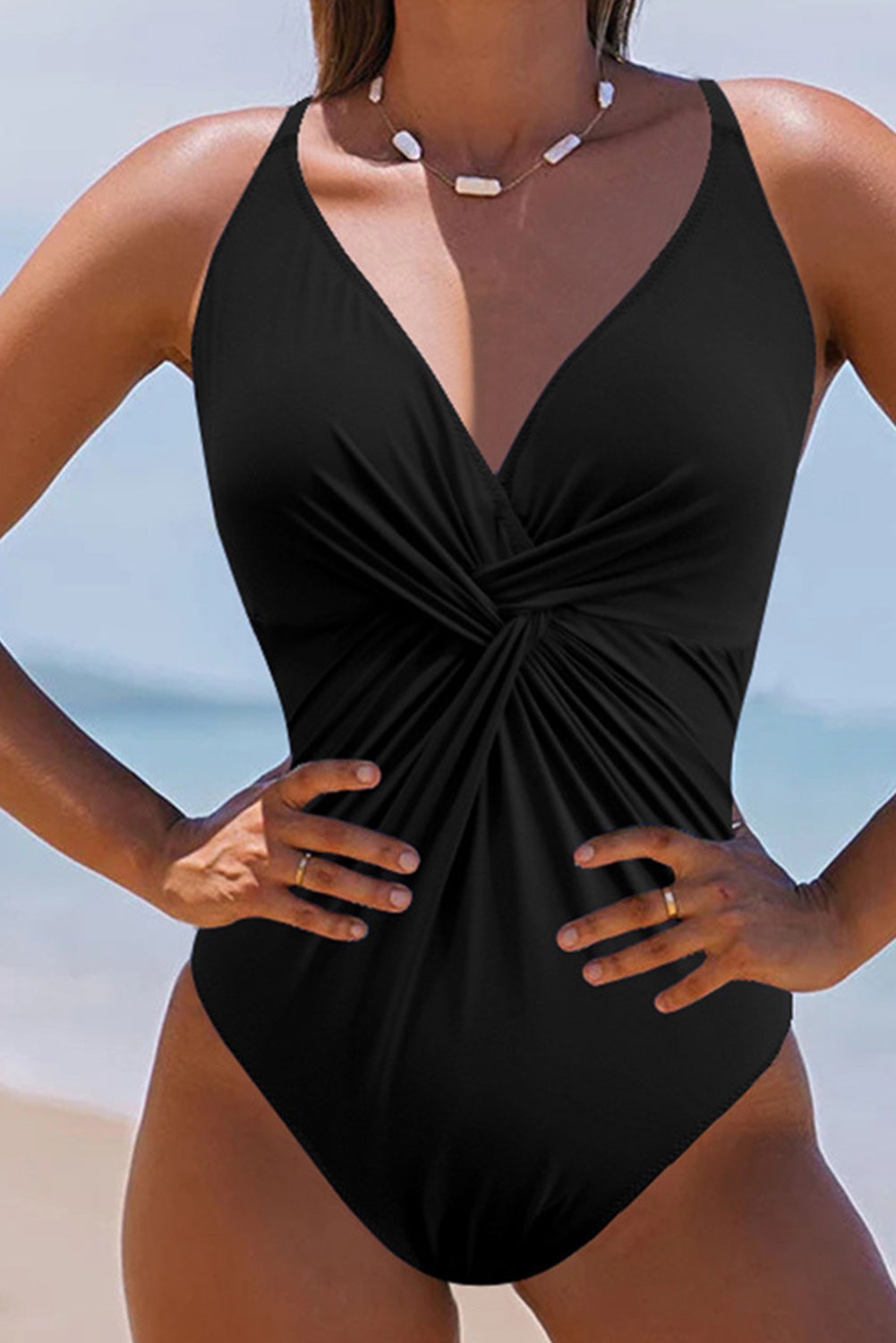 Cali Chic Women Swimsuit Black V Neck Twist Ruched Crisscross Backless One-Piece Swimsuit