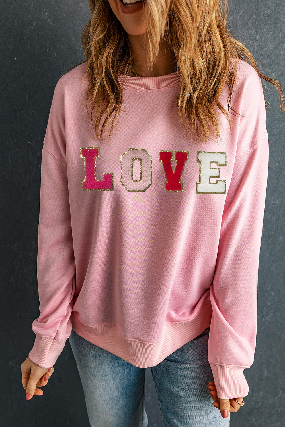 Pink Valentine LOVE Chenille Embroidered Sweatshirt - Cali Chic