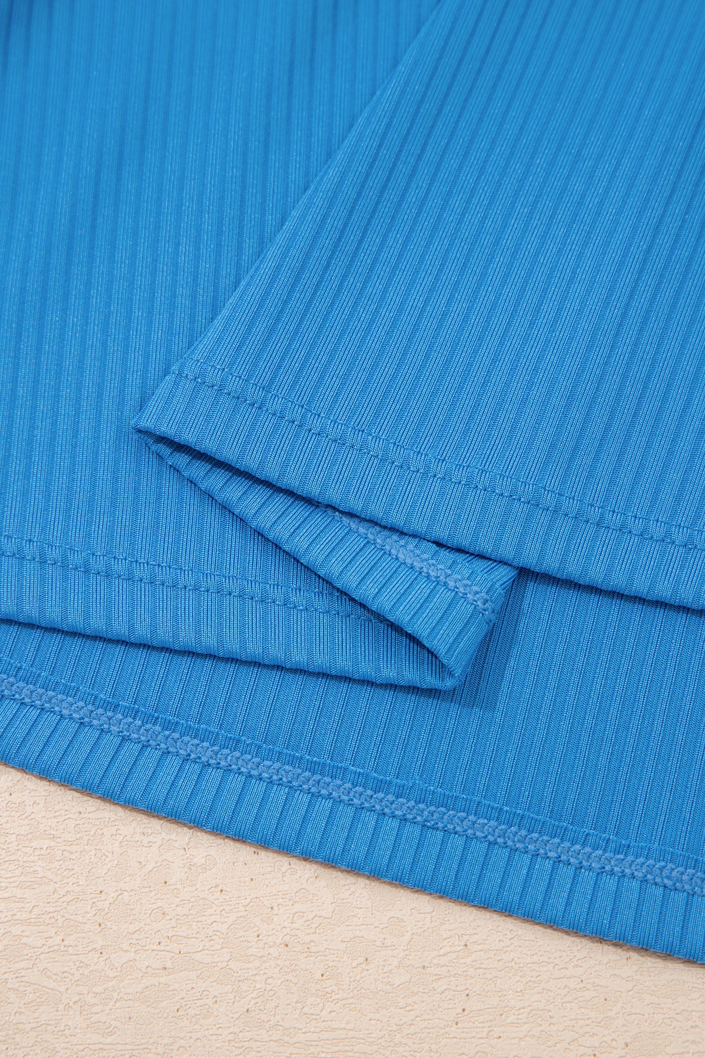 Dusk blue Cali Chic women’s ribbed swim dress with color block design, pocket detail, and lined interior, by Dear-Lover.