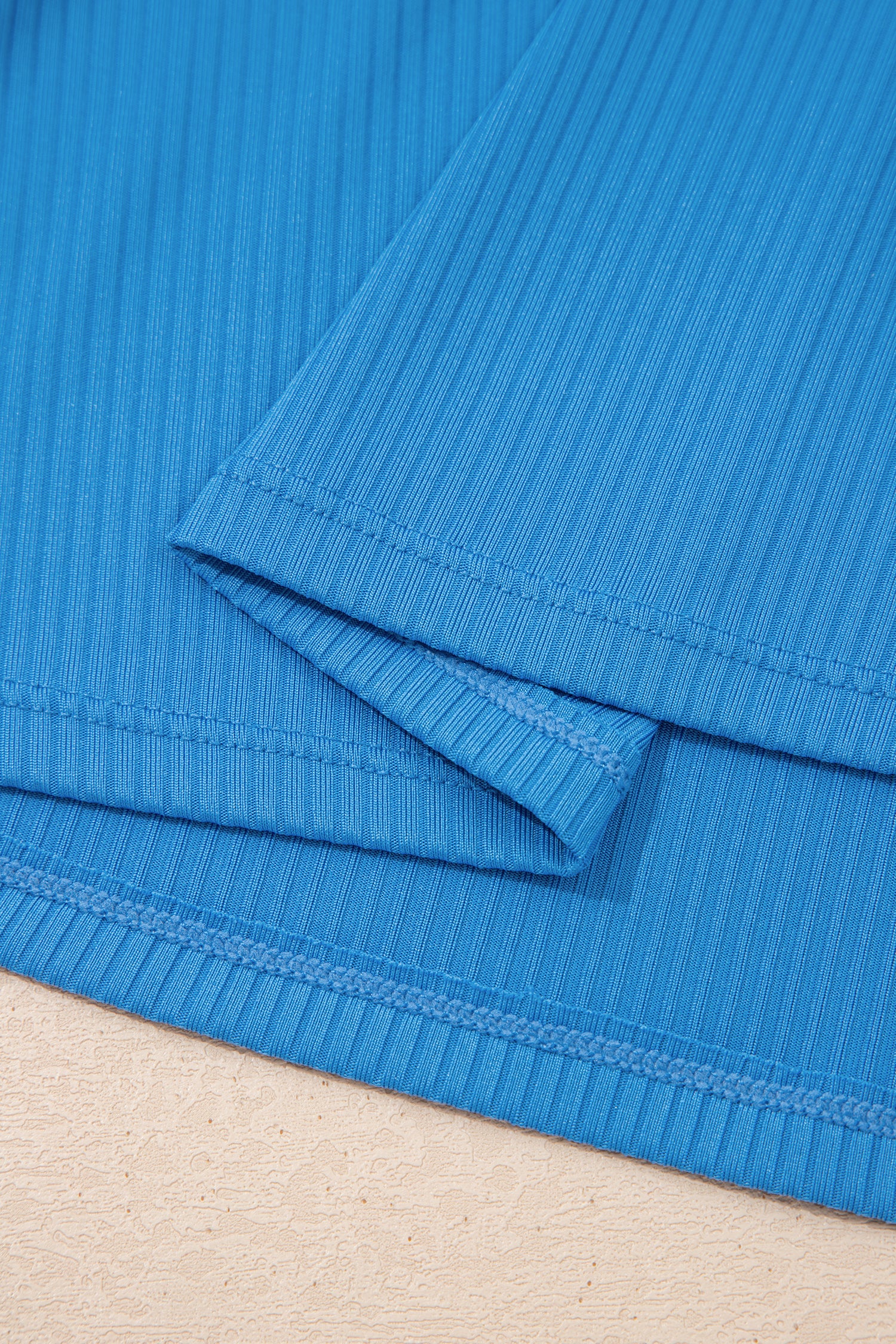 Dusk blue Cali Chic women’s ribbed swim dress with color block design, pocket detail, and lined interior, by Dear-Lover.