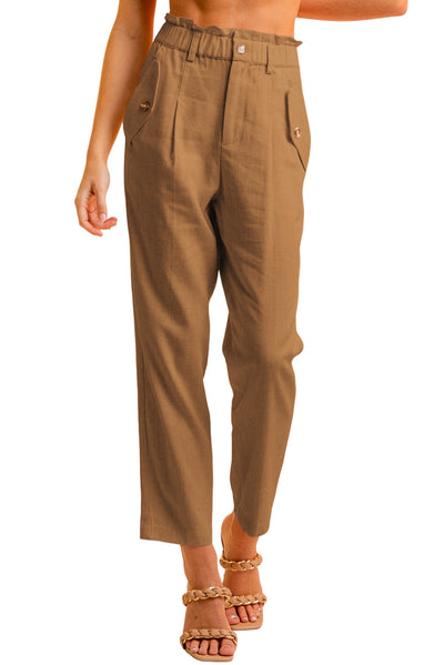 Brown Button Flap Pocket High Waisted Linen Pants