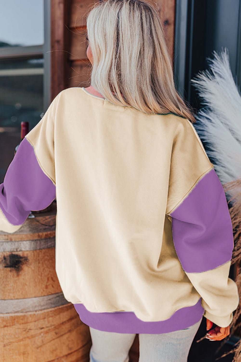 Cali Chic Women Sweatshirt Blossom Color Block Patchwork Drop Shoulder Pullover