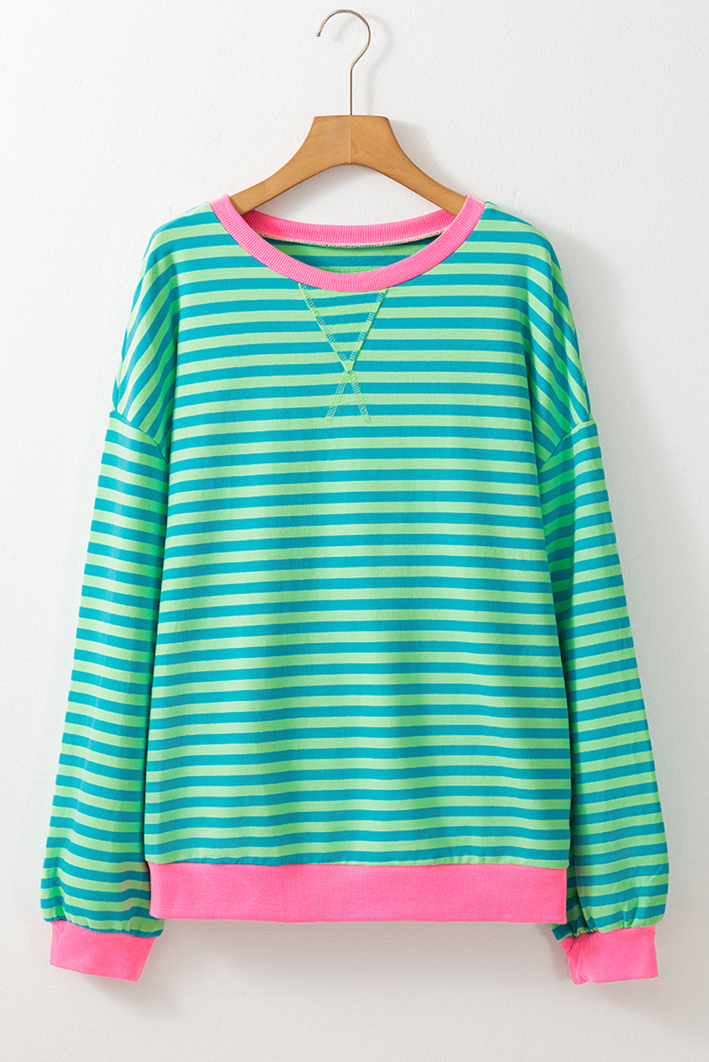 Cali Chic Women's Sweatshirt Sky Blue Stripe Oversized Contrast Trim Pullover