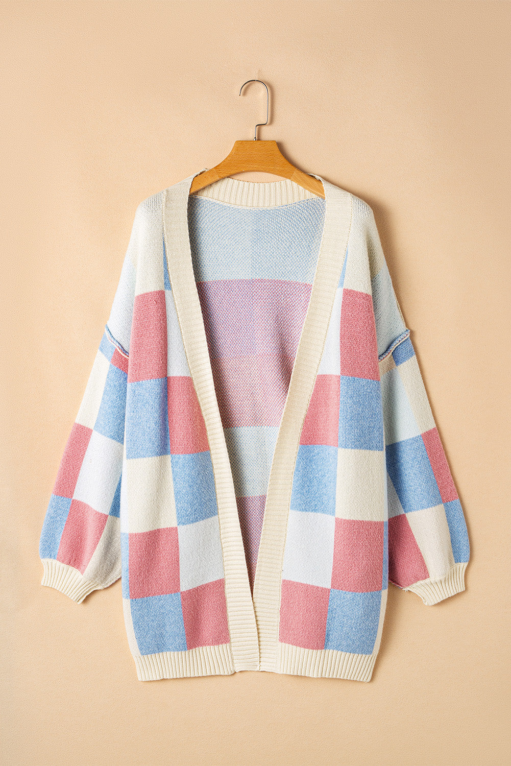 Cali Chic Women Sweater Light Blue Checkered Drop Shoulder Exposed Seam Open Front Cardigan - Cali Chic
