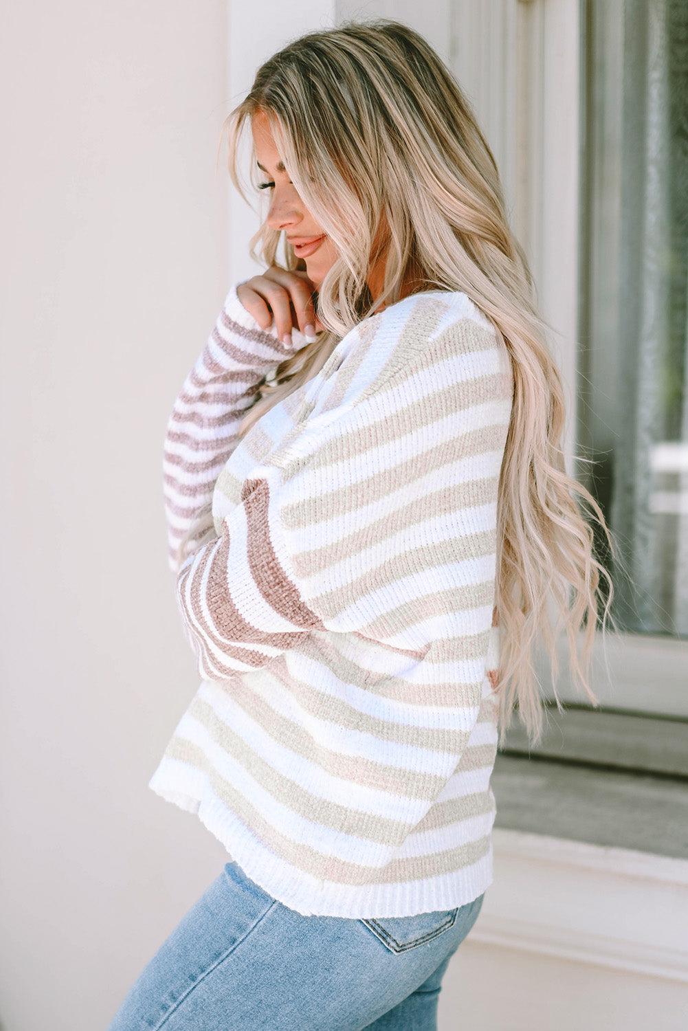 Cali Chic Women Sweater Celebrity Stripe Blocked Drop Shoulder Slouchy